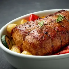Pyszny schab w cebuli, pieczony z ziemniakami, cukinią i papryką. Idealny na niedzielny obiad.