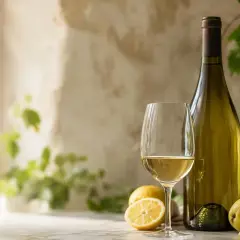 Un verre de sauvignon blanc avec des citrons et des raisins. Parfait pour un apéritif frais.