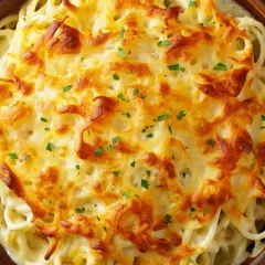 Überbackene Spaghetti mit Butter und Parmesan, goldbraun und knusprig, garniert mit Petersilie.