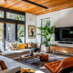 A living room showcasing mid-century modern architecture with large windows, a sectional sofa, and iconic orange leather chairs.