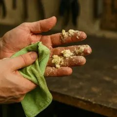 Ręce ubrudzone pianką montażową. Zielona ściereczka pomaga w czyszczeniu. Dowiedz się, czym zmyć piankę montażową.