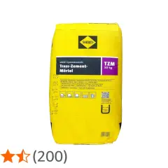 Gelber Sack SAKRET Trass-Zement-Mörtel (30 kg). Trass ist ein vulkanisches Gestein, das dem Mörtel besondere Eigenschaften verleiht.
