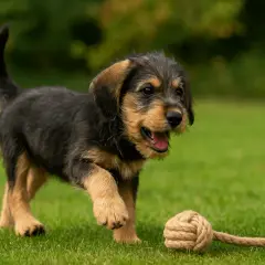 Un adorable chiot griffon nivernais poil court, tout noir et brun, joue avec une corde sur l'herbe verte.
