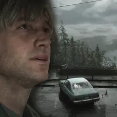 James Sunderland blickt nachdenklich in die Ferne, während im Hintergrund ein verlassenes Auto und eine neblige Landschaft zu sehen sind. Ein Ausblick auf den **Silent Hill 1 Remake**.