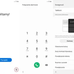 Konfiguracja telefonu: ekran powitalny, klawiatura numeryczna i ustawienia dostępności, w tym opcje poprawy widoczności ekranu.