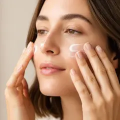 Donna applica crema viso. Il phenoxyethanol cos'è? Un conservante comune nei cosmetici per la cura della pelle.