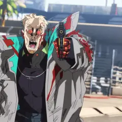 Ein blutverschmierter Mann mit roten Augen und einem Schrei zielt mit einer Waffe. Er könnte ein Charakter aus Cyberpunk Edgerunners Season 2 sein.