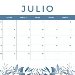 Calendario de julio con diseño floral azul. Planifica tus vacaciones de verano en este mes.