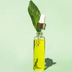 En droppe av ren tee tree oil i en glasflaska med en grön blomma.