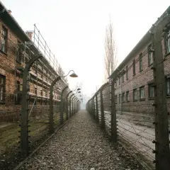 Camino de grava entre edificios de ladrillo y alambradas con espinos, evocando el triste recuerdo del autobús Cracovia Auschwitz.