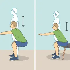 Ćwiczenie squat: mężczyzna wykonuje przysiad bez pomocy i z pomocą krzesła, pokazując ruch w dół i w górę.