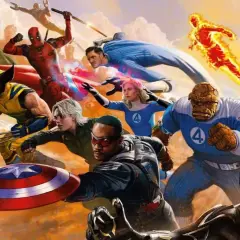 Les héros Marvel, dont les Quatre Fantastiques, se rassemblent pour la phase 6. Thor, Wolverine, Deadpool, Captain America, Black Panther, La Chose, La Torche humaine, Hulk, Loki, et plus encore.