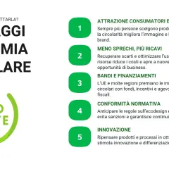 I vantaggi dell'economia circolare: attrazione clienti, meno sprechi, finanziamenti, conformità normativa e innovazione.