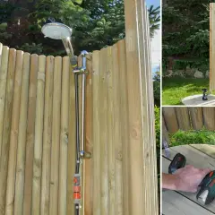 Bygga utedusch: en man monterar en dusch med träpanel och en rund träplattform i trädgården.