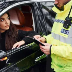 Policjant w kamizelce odblaskowej spisuje mandat za wagę. Kobieta w samochodzie patrzy z niepokojem.