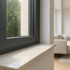 Jasny, marmurowy parapet pięknie komponuje się z antracytowymi oknami, tworząc eleganckie wnętrze. Idealne pytanie: jakie parapety do antracytowych okien?