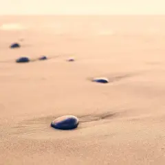Kamienie na piaszczystej, dzikiej plaży, jak przebój Stana Borysa, tworzą ślady na piasku.
