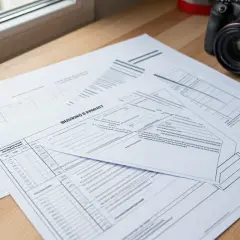 Dokumenty do pozwolenia na budowę leżą na drewnianym blacie obok aparatu.