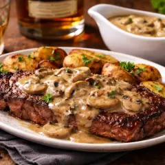 Un steak savoureux nappé d'une sauce crémeuse aux champignons et whisky, accompagné de pommes de terre rôties.