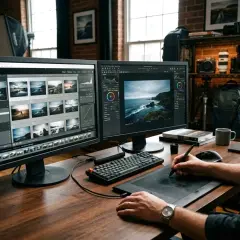 Fotograf dopracowuje nasycenie koloru na zdjęciach wybrzeża na dwóch monitorach, pracując przy biurku z tablet graficzny.
