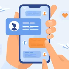 Dłonie trzymają smartfon z oknem czatu, jak na WhatsApp. Widać ikony i dymki wiadomości, a w tle papierowe samoloty.