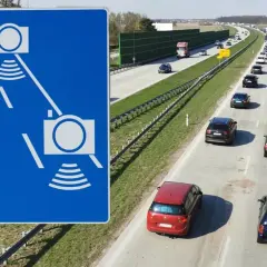 Znak informuje o odcinkowych pomiarach prędkości na A1. Uważaj na kamery mierzące prędkość na trasie.