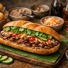 En saftig banh mi med grillat kött, färska grönsaker och koriander. Serveras med tillbehör som inlagda grönsaker och chilisås.