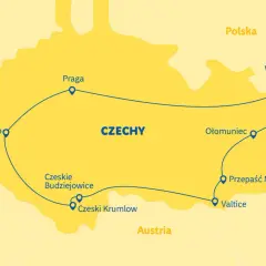 Mapa turystyczna Czech z zaznaczoną trasą przez Pragę, Pilzno, Czeski Krumlov, Ołomuniec i Woszczyce.