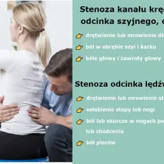 Fizjoterapeuta bada pacjentkę, która może mieć stenoza kręgosłupa. Wymienione objawy to m.in. drętwienie, ból i zawroty głowy.