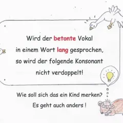 Gänse erklären Kindern die Regeln für lange und kurze Vokale in der Grundschule. Eine Glühbirne symbolisiert eine Idee.