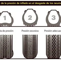 Ilustración muestra el desgaste de neumáticos con falta de presión (1), presión excesiva (2) y presión adecuada (3). Saber a qué presión tienen que estar las ruedas del coche es clave.