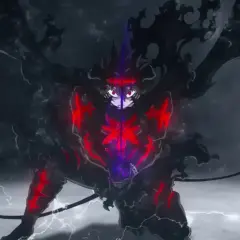 Asta in Teufelsform, bereit für den Kampf in Black Clover Staffel 5. Dunkle Magie und rote Glühwürmchen umgeben ihn.