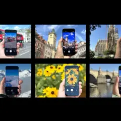 Sześć zdjęć pokazujących, jak najlepszy aparat w telefonie uchwycił piękne widoki: Londyn, Pragę, Barcelonę, góry, słoneczniki i most.