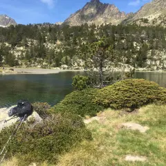 Mochila y bastones de senderismo junto a un llac de pessons, rodeado de pinos y montañas rocosas.