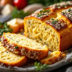 Tranche d'un délicieux base cake salé, garni de persil et de graines. Des dés de fromage et des herbes fraîches complètent cette gourmandise.