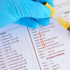 Rękawiczka pobiera próbkę krwi do badań, na liście zaznaczono estradiol.