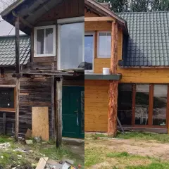 Spektakularna metamorfoza starego domu: od zniszczonego do odnowionego. Nowe okna, drzwi i elewacja nadają mu nowy blask.