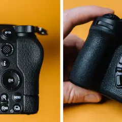 Zbliżenie na aparat Nikon Z6 II podczas testu. Widoczne przyciski sterujące, ekran LCD i uchwyt aparatu.
