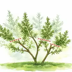 Illustration zeigt, wann Rosmarin schneiden. Rote Linien markieren die Schnittstellen an den Zweigen eines buschigen Rosmarinstrauchs.
