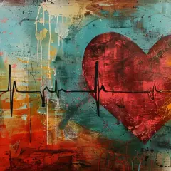 Abstrakcyjne serce z linią EKG, symbolizujące arytmię serca. Tło pełne kolorowych plam i smug.