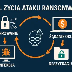 Cykl życia ataku ransomware: szyfrowanie, infekcja, żądanie okupu, deszyfracja. Schemat ilustruje proces działania złośliwego oprogramowania.