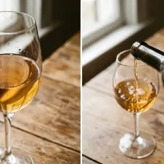 Ein Glas Wein steht auf einem Holztisch. Daneben wird Wein aus einer Flasche in ein Glas gegossen. Der Wein hat eine goldene Farbe, und man sieht kleine Bläschen, die auf den geringen Gehalt an Sulfite im Wein hindeuten könnten.