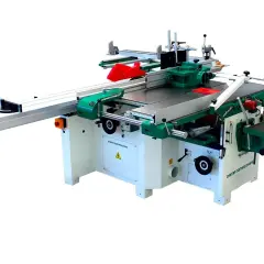 Machine menuiserie combinée, verte et blanche, avec scie circulaire et guide. Idéale pour tous vos travaux de bois.