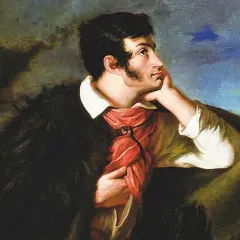 Portret mężczyzny w czarnym futrze i czerwonej chuście, zamyślonego, w tle burzowe niebo. Obraz oddaje ducha epoki romantyzmu.