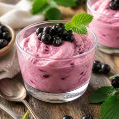 Cremiges Dessert mit schwarzen Johannisbeeren, garniert mit frischen Beeren und Minze. Daneben eine Schale voller schwarzer Johannisbeeren.