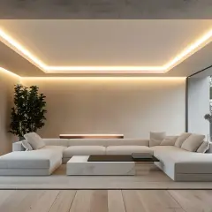 Nowoczesny salon z białym narożnikiem i designerskim oświetleniem, które pięknie podkreśla co na sufit w salonie.
