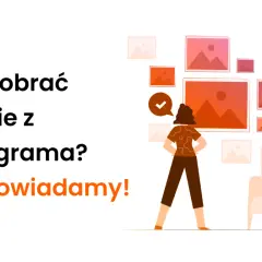 Jak zapisać zdjęcie z IG? Ilustracja pokazuje kobietę patrzącą na galerię zdjęć, z pytaniem o pobieranie z Instagrama.