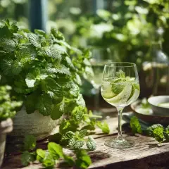 En uppfriskande drink med gurka och mynta, perfekt för ett citronmeliss recept. Gröna blad och en flaska i bakgrunden.