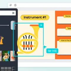 Tworzenie quizów o instrumentach muzycznych. Na ekranie widać grafikę waltorni i pola do wpisania nazwy, typu i sposobu gry.