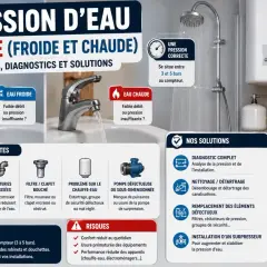 Illustration expliquant les causes et solutions d'un débit d'eau réduit, avec des robinets, une douche et des tuyaux.